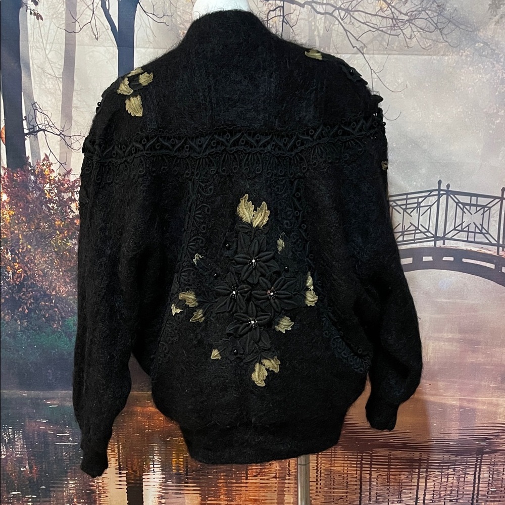 Vintage Rose Song Lined Wool Appliqué Jacket Sweater – Black Floral Beaded - Picture 9 of 17